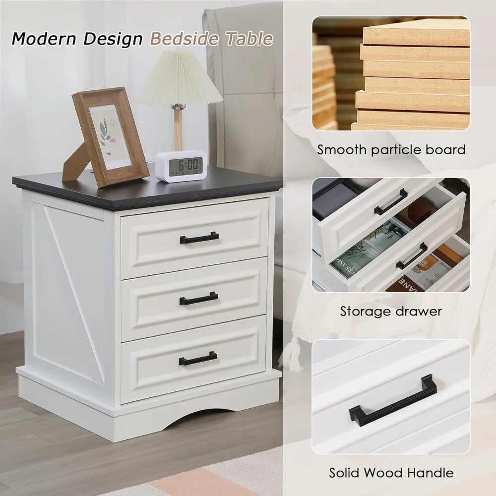 Farmhouse Night Stands Set of 2, Wood Nightstand with Charging Station, 22" Wide End Table with 3 Drawers, White, Customized