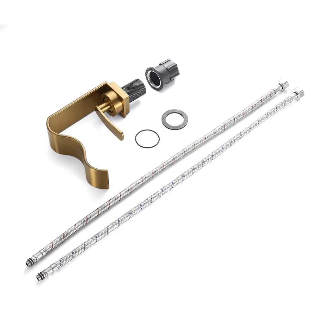 WJNMONE Deck Mounted Brass Bathroom Faucet Waterfall Lavatory Tap
