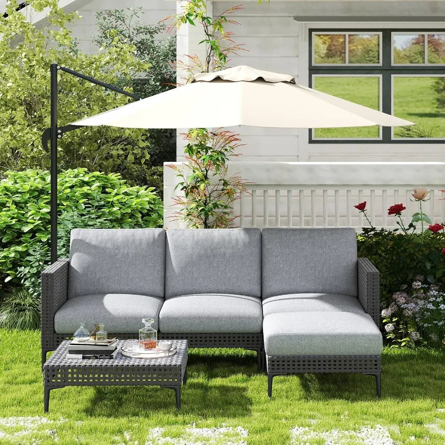 5 Piece Outdoor Patio Conversation Set Rattan L Shaped Corner Sofa With Thick Cushions Weatherproof For Garden Balcony