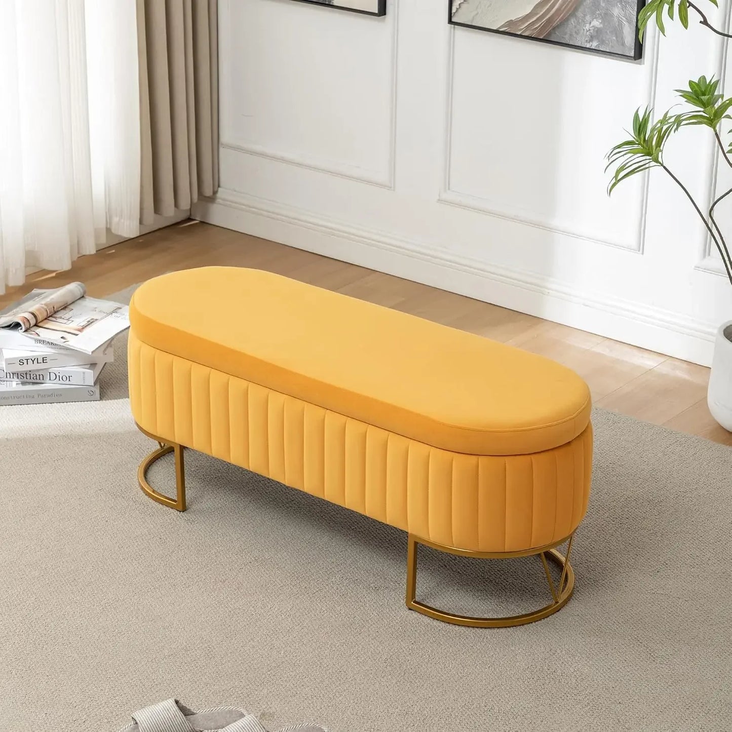 HUANZHUANG Velvet Oval Upholstered Storage Bench With Gold Legs