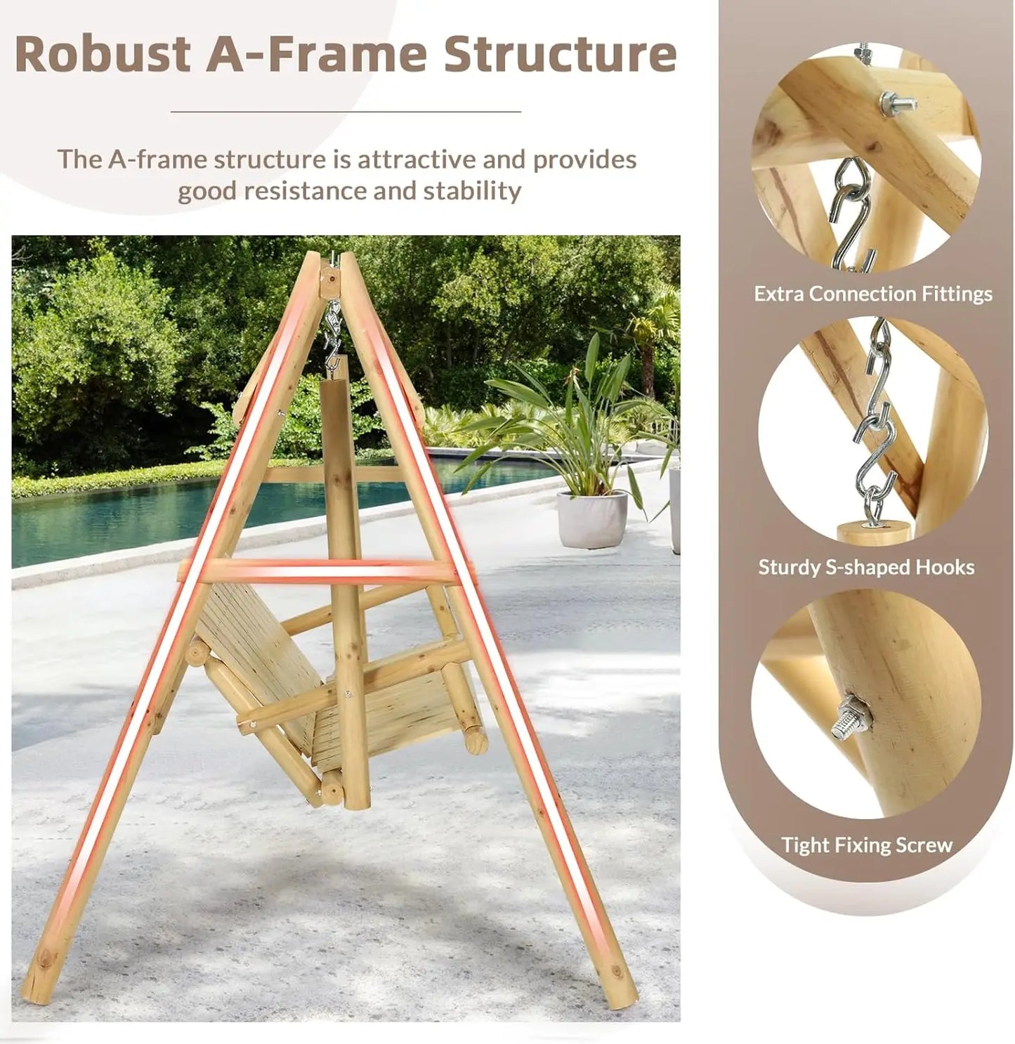 Wooden Porch Swing With Stand Rustic Hardwood Bench Natural Finish