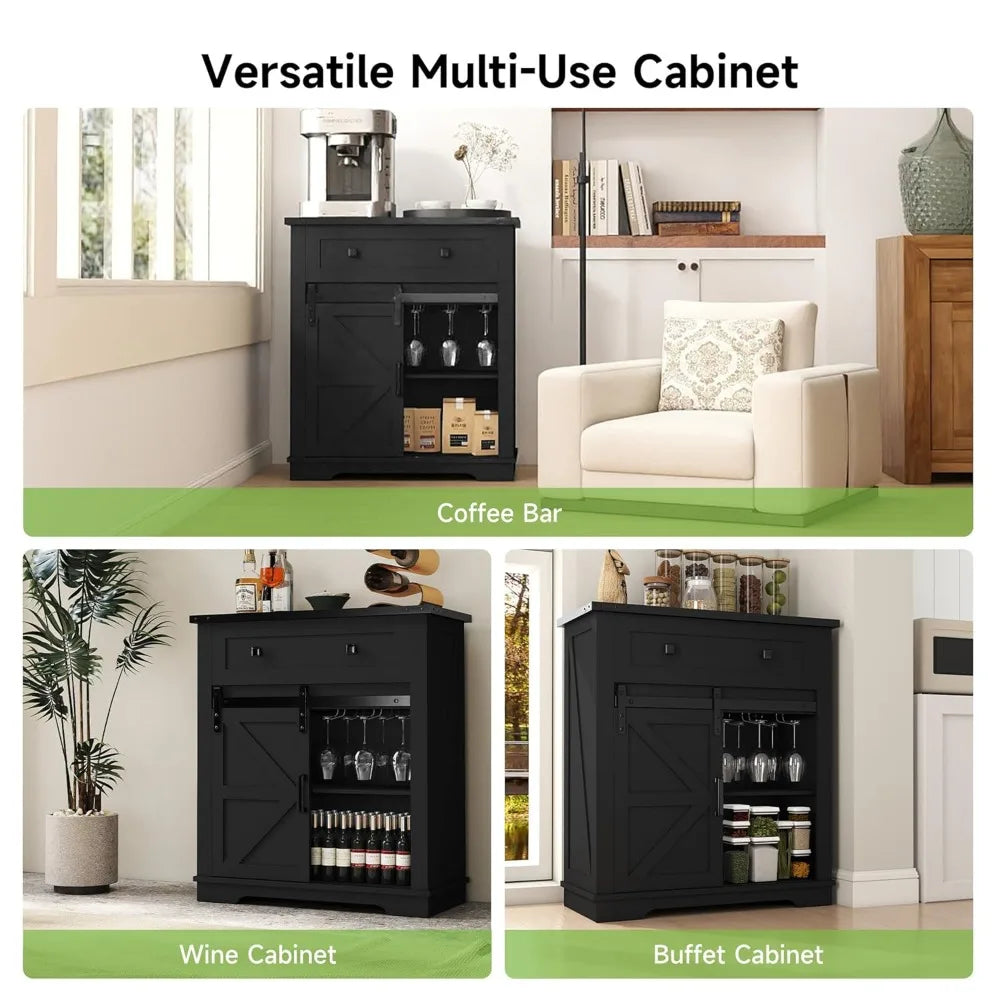 Farmhouse Coffee Bar Cabinet With Sliding Barn Door And Storage