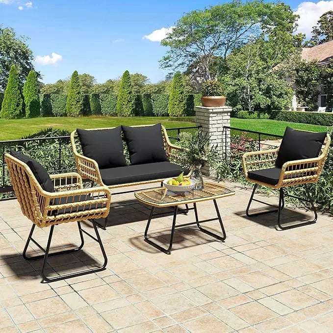 4 Piece Patio Furniture Wicker Outdoor Bistro Set All Weather Rattan Conversation Loveseat Chairs For Backyard Balcony