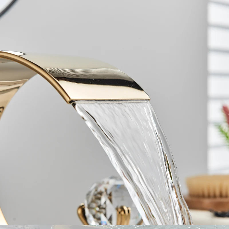 Shinesia Luxury Golden Vessel Sink Faucet With Dual Cristal Handles