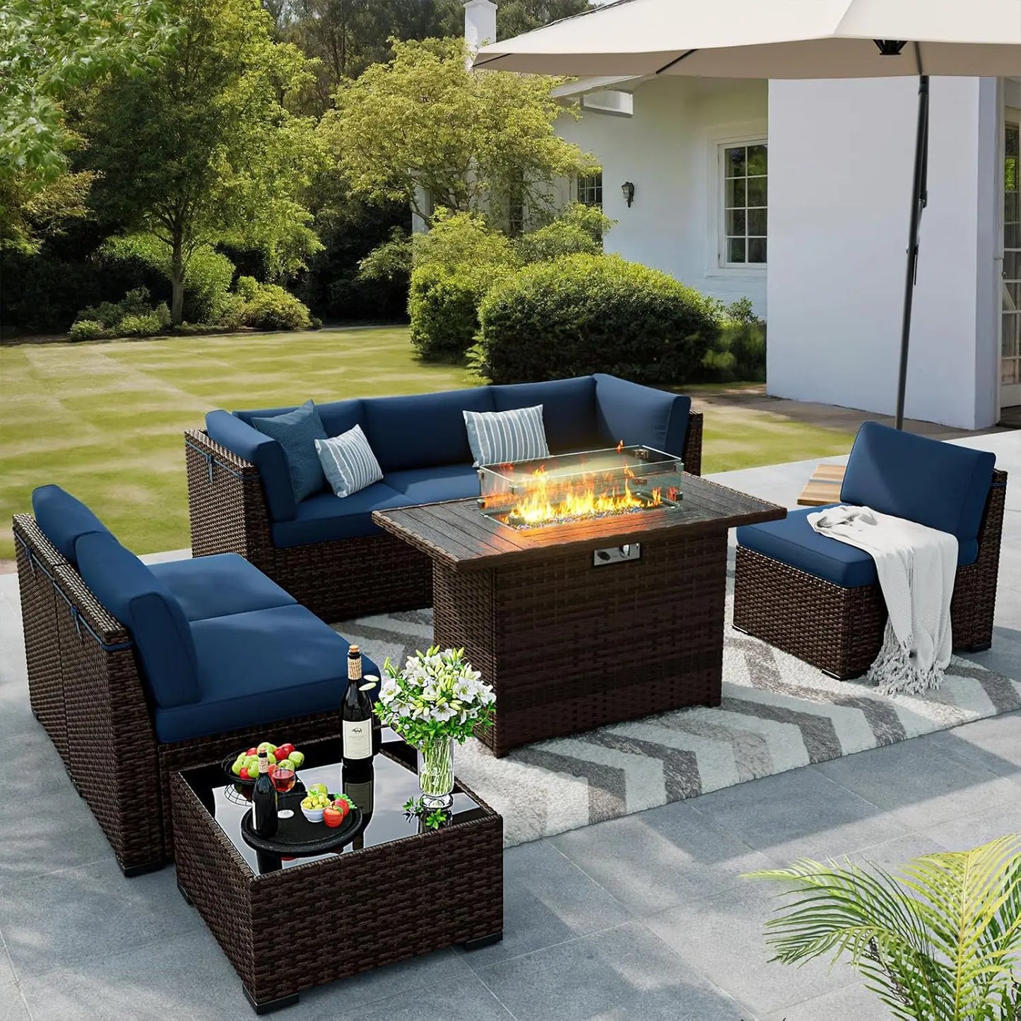 Outdoor Patio Furniture Set With Gas Fire Pit Rattan Sectionals