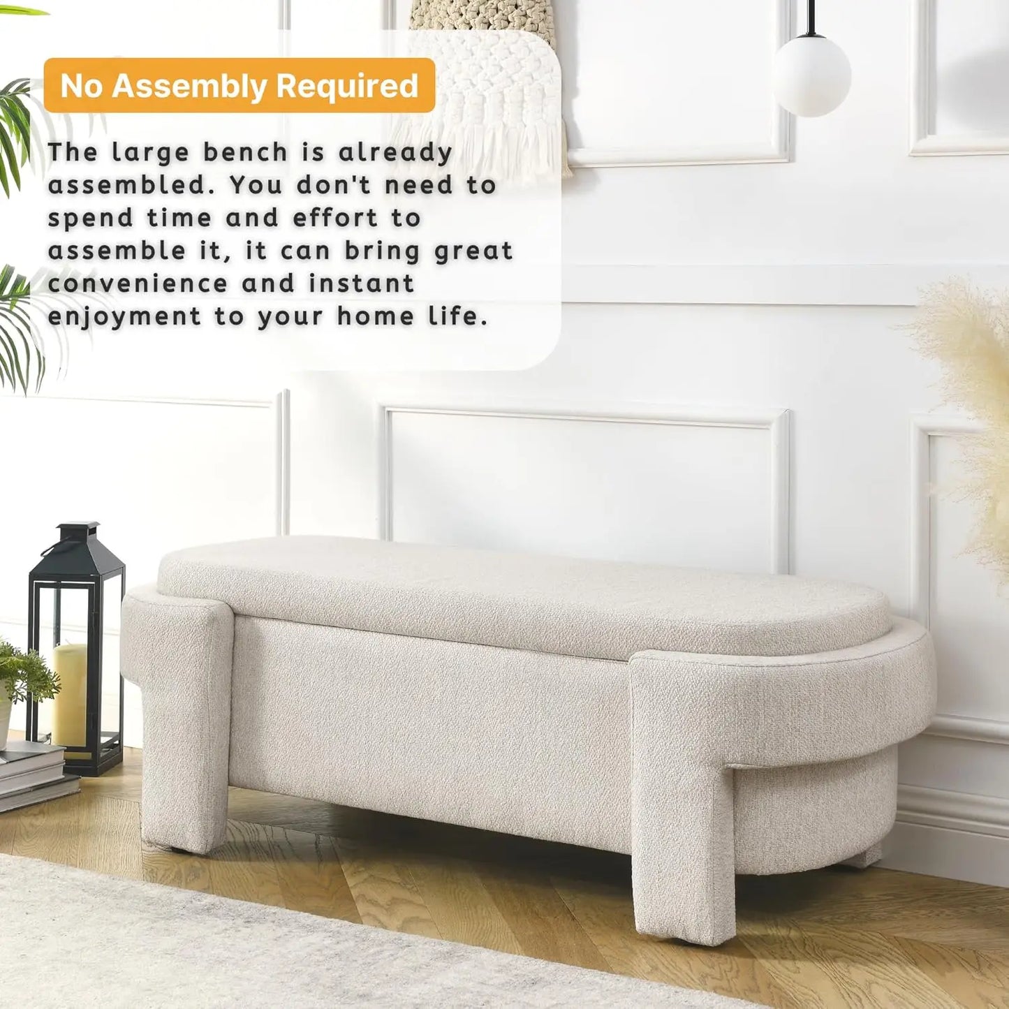 Oval Storage Bench With Linen Upholstery And Large Storage