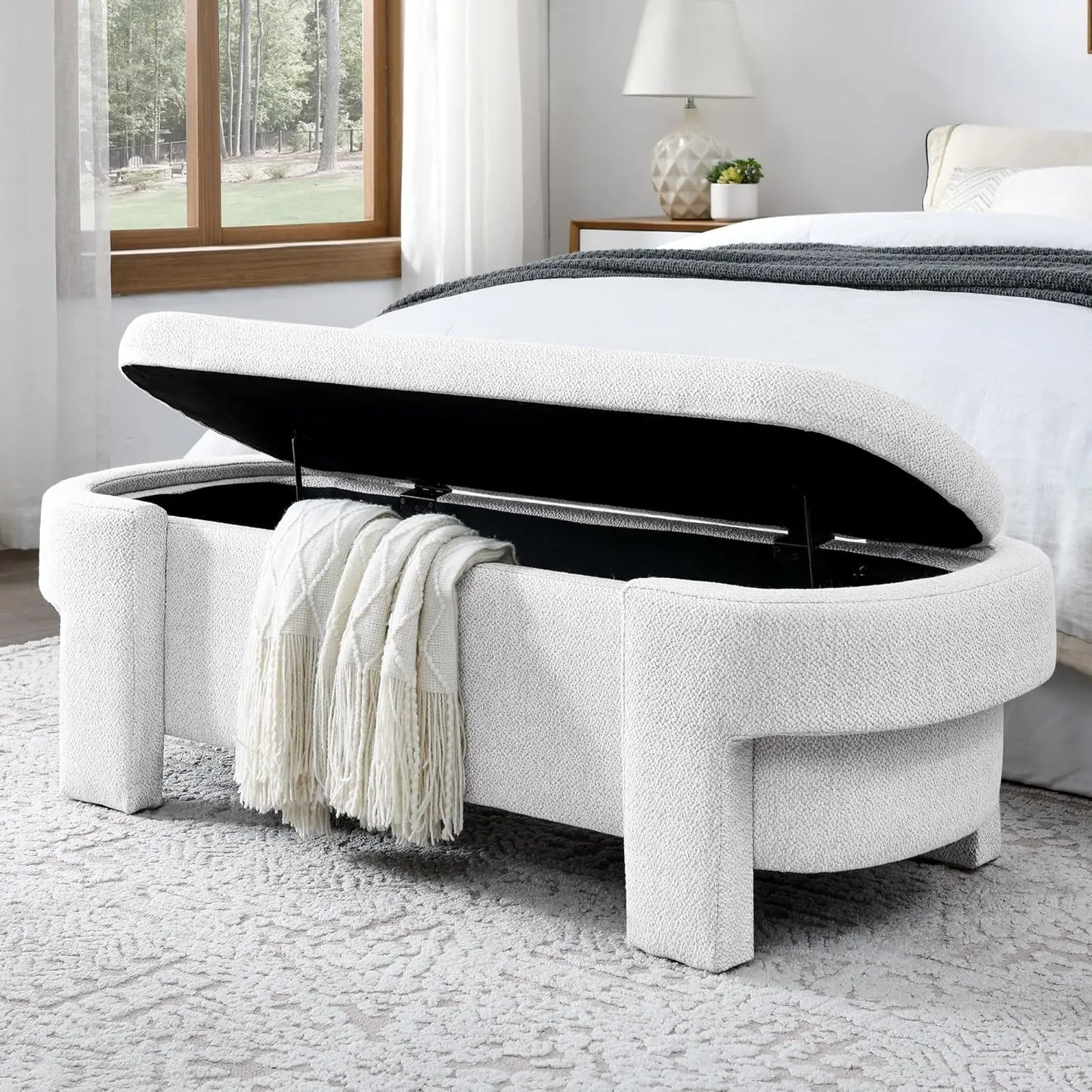 Oval Storage Bench With Linen Upholstery And Large Storage