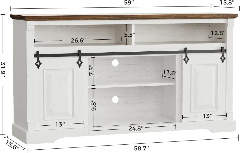 Farmhouse TV Stand With Sliding Barn Door And Storage Cabinets