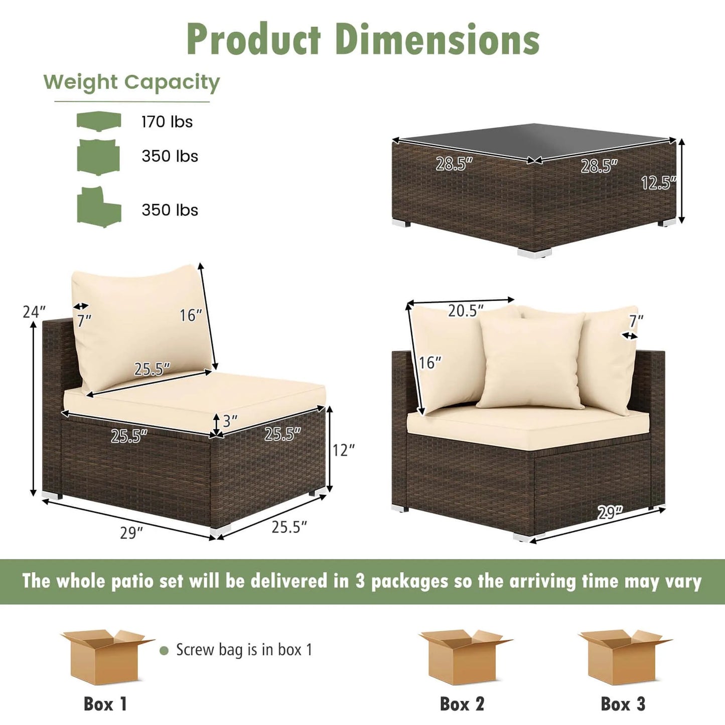 7 Piece Patio Rattan Furniture Set With Cushioned Sectional Sofa For Garden Brown