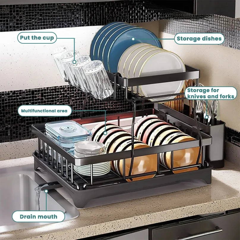 ATMDOG 2 Tier Dish Drying Rack Kitchen Countertop Space Saving Design Keeps Dishes Air Drying Efficiently