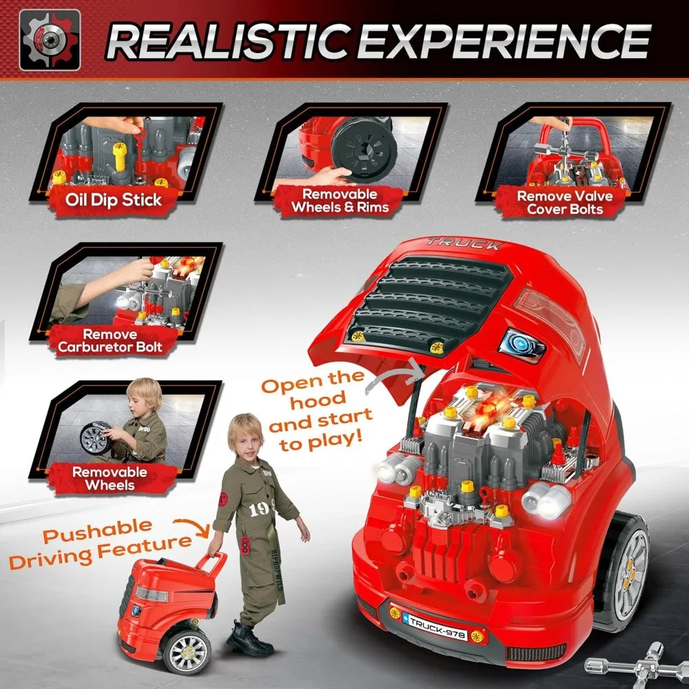 Truck Engine Toy,  Pretend Car Service Station Play with 61-Piece Included, Kids Mechanic Set with Lights,Toy Kids Aged 3+, Red