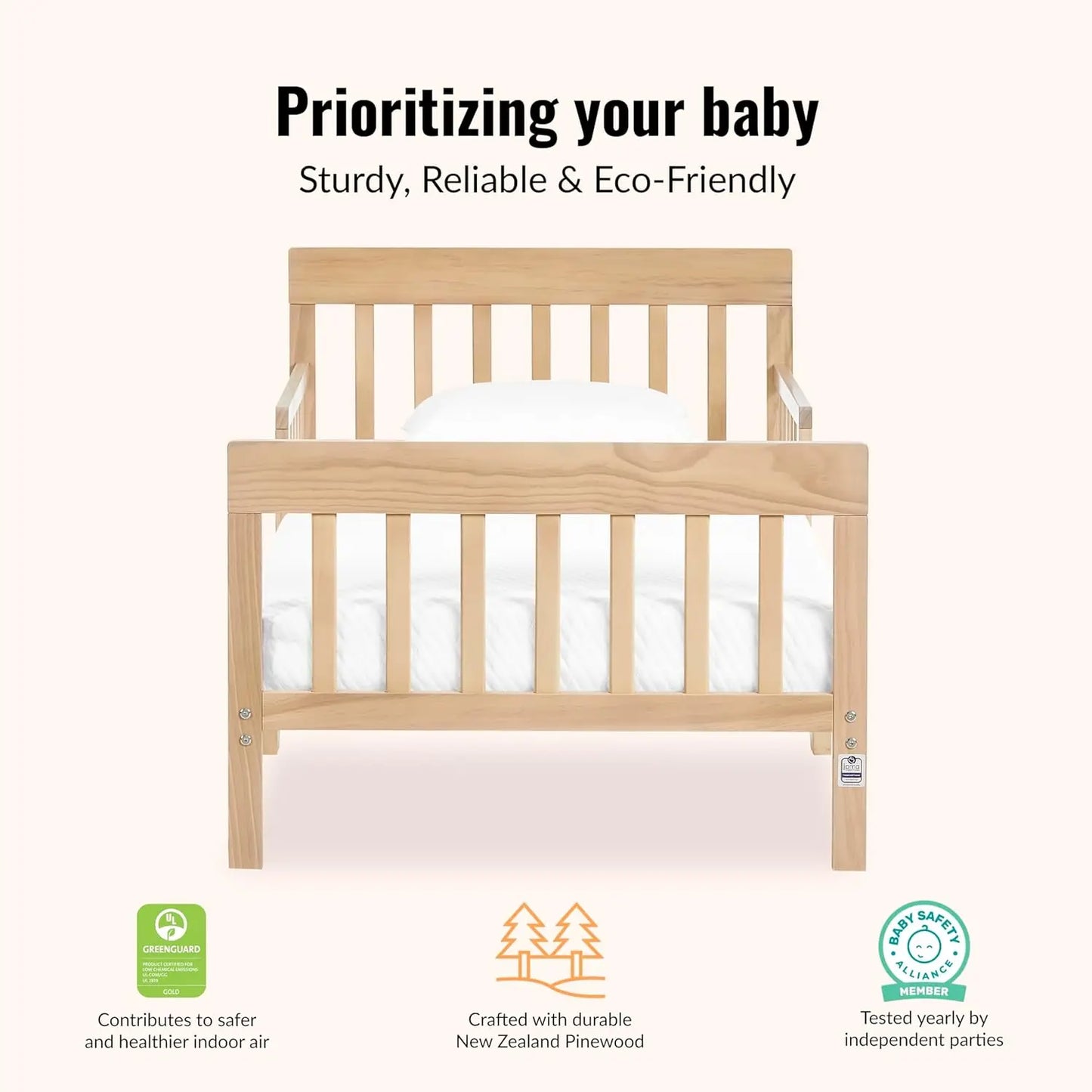 Vintage White Oak Toddler Bed with Safety Rails, Low-to-Floor Design, Greenguard Gold Certified, Non-Toxic Finish