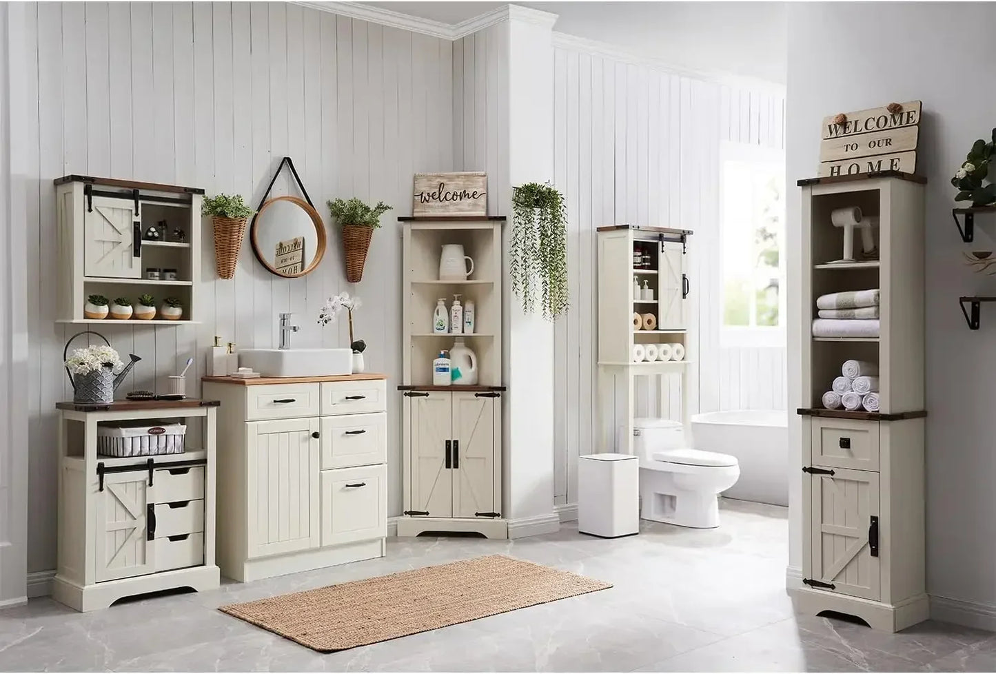 Bathroom Floor Cabinet, Farmhouse Cabinet with Sliding Barn Door & Storage Drawers, Small Storage Cabinet for Bathroom（Hot）