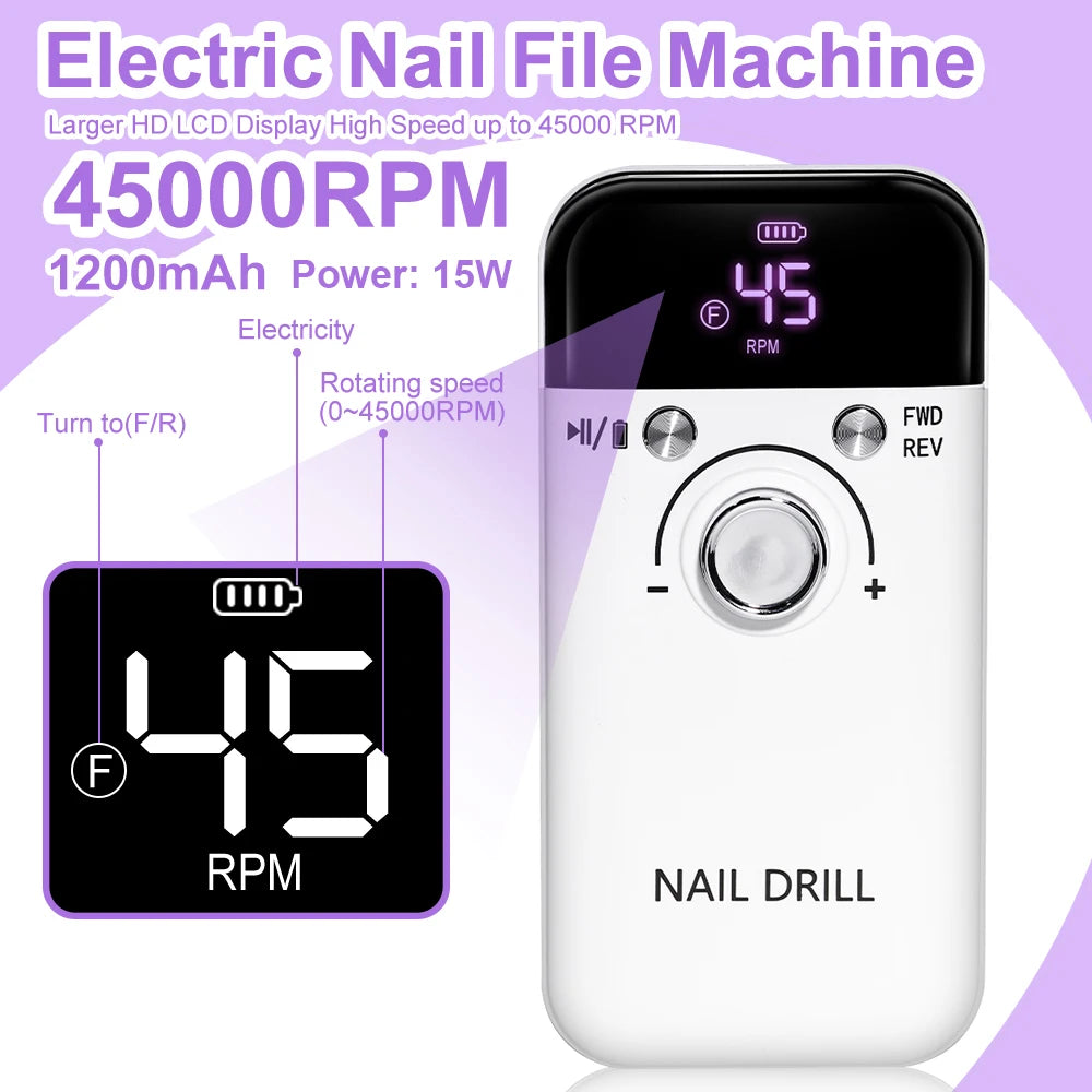 Nail Drill 45000 RPM Rechargeable Electric File For Acrylic Gel