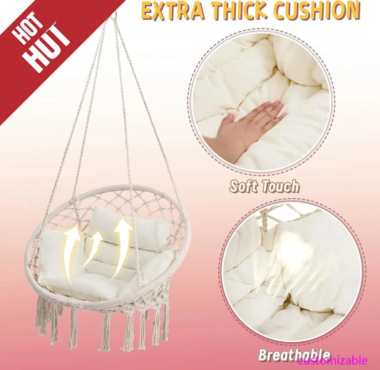 Macrame Hammock Hanging Swinging Chair with Medium Cushion, Perfect for Bedroom, Porch, Adults, Balcony, Beige