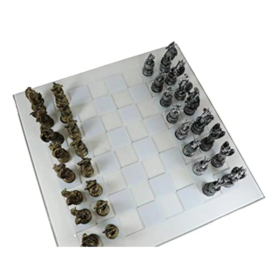 Ebros Mythical Medieval Fantasy Silver and Gold Colored Dragon Old World Kingdoms Resin Chess Pieces with Frosted Glass Board S