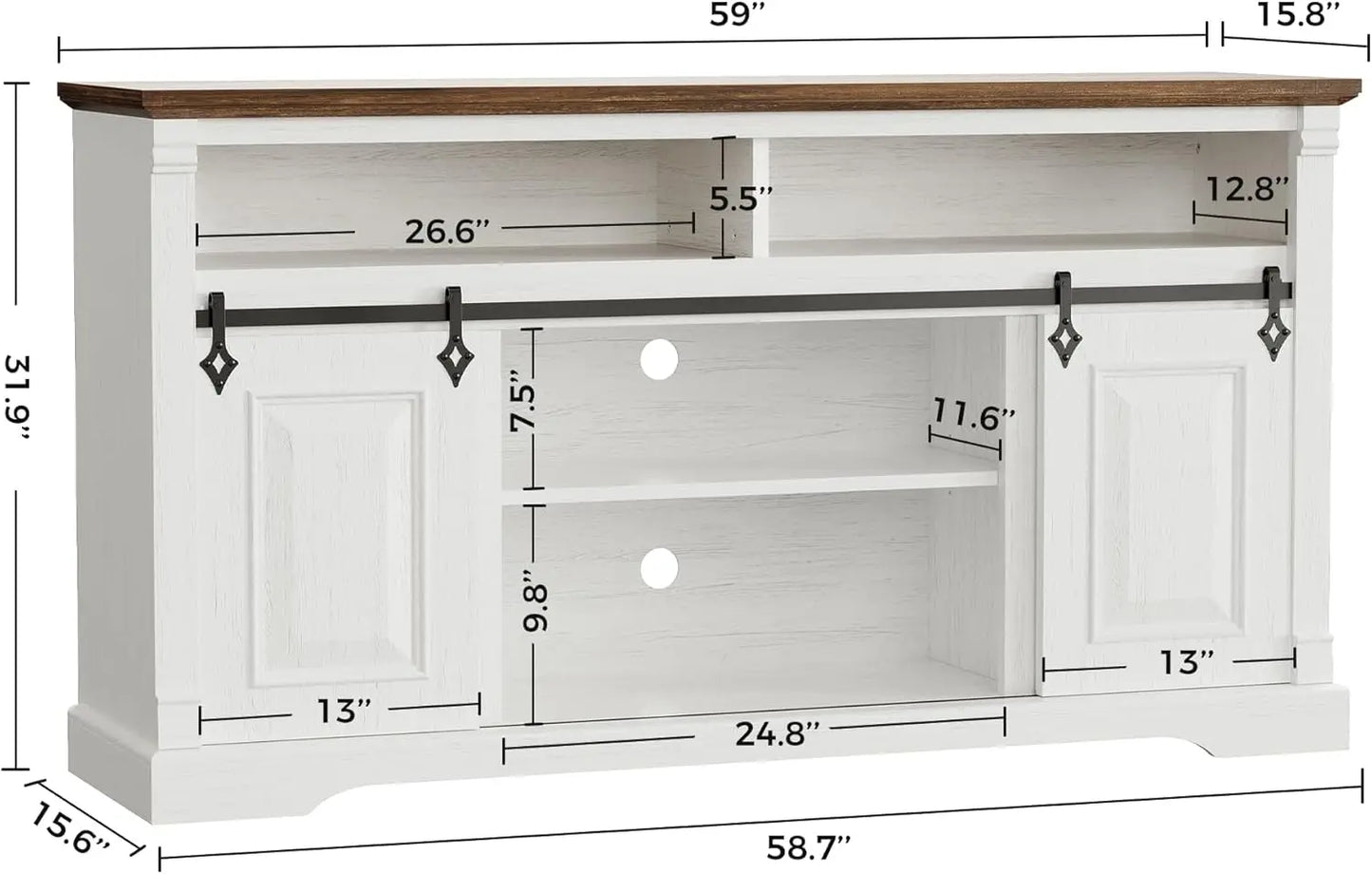 Farmhouse TV Stand With Sliding Barn Door And Storage Cabinets