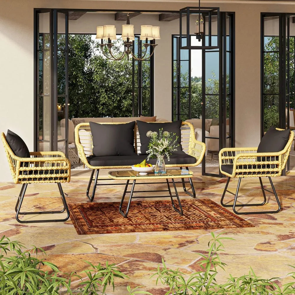 4 Piece Patio Furniture Wicker Outdoor Bistro Set All Weather Rattan Conversation Loveseat Chairs For Backyard Balcony