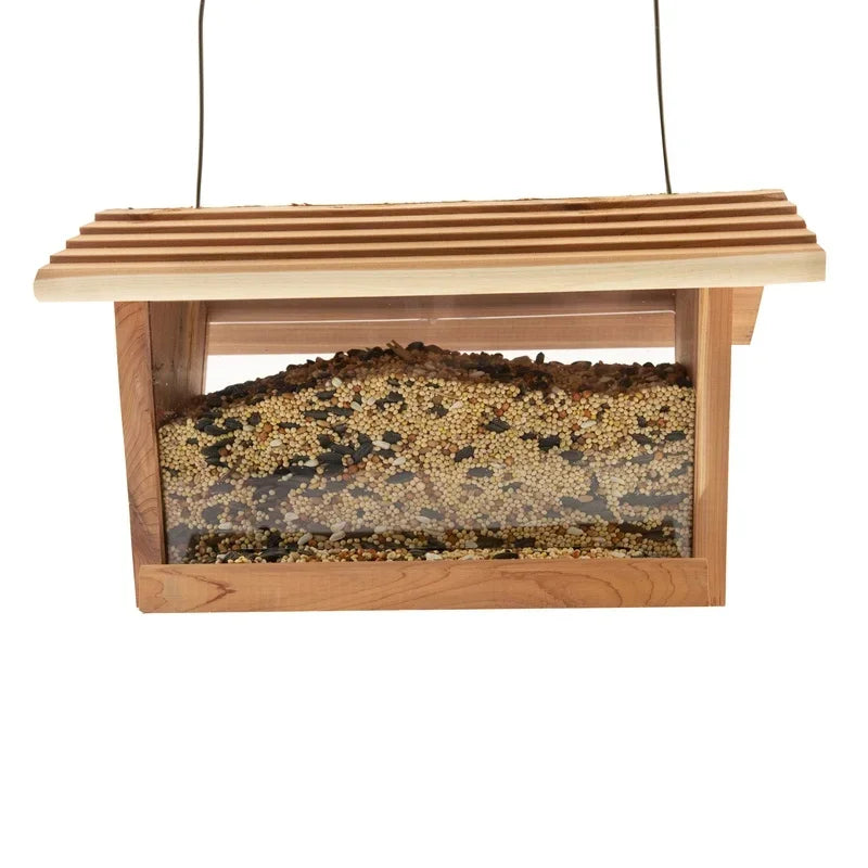 Red Cedar Hopper Bird Feeder 3lb Capacity Weatherproof Squirrel Proof Attracts Cardinals Chickadees Goldfinches Handcrafted