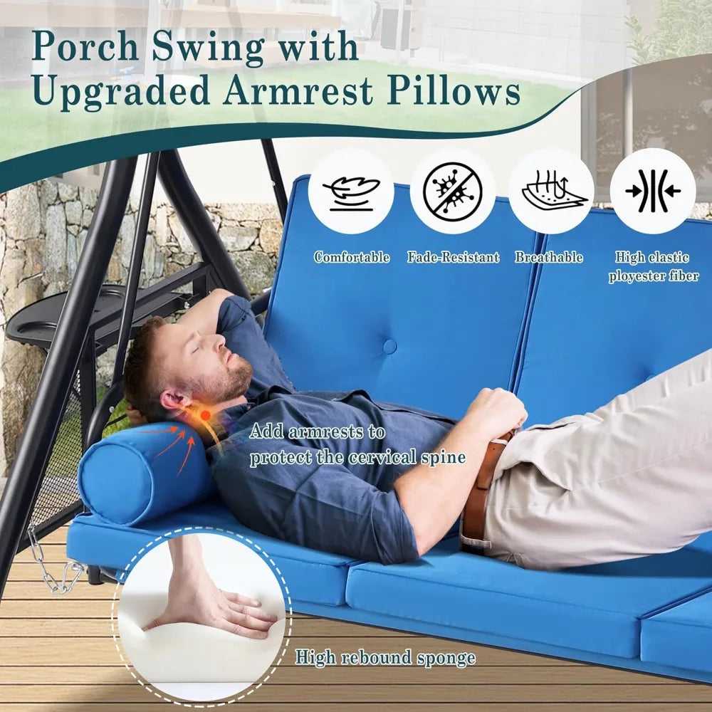 Outdoor Patio Swing With Stand Cushioned Pillows Tray