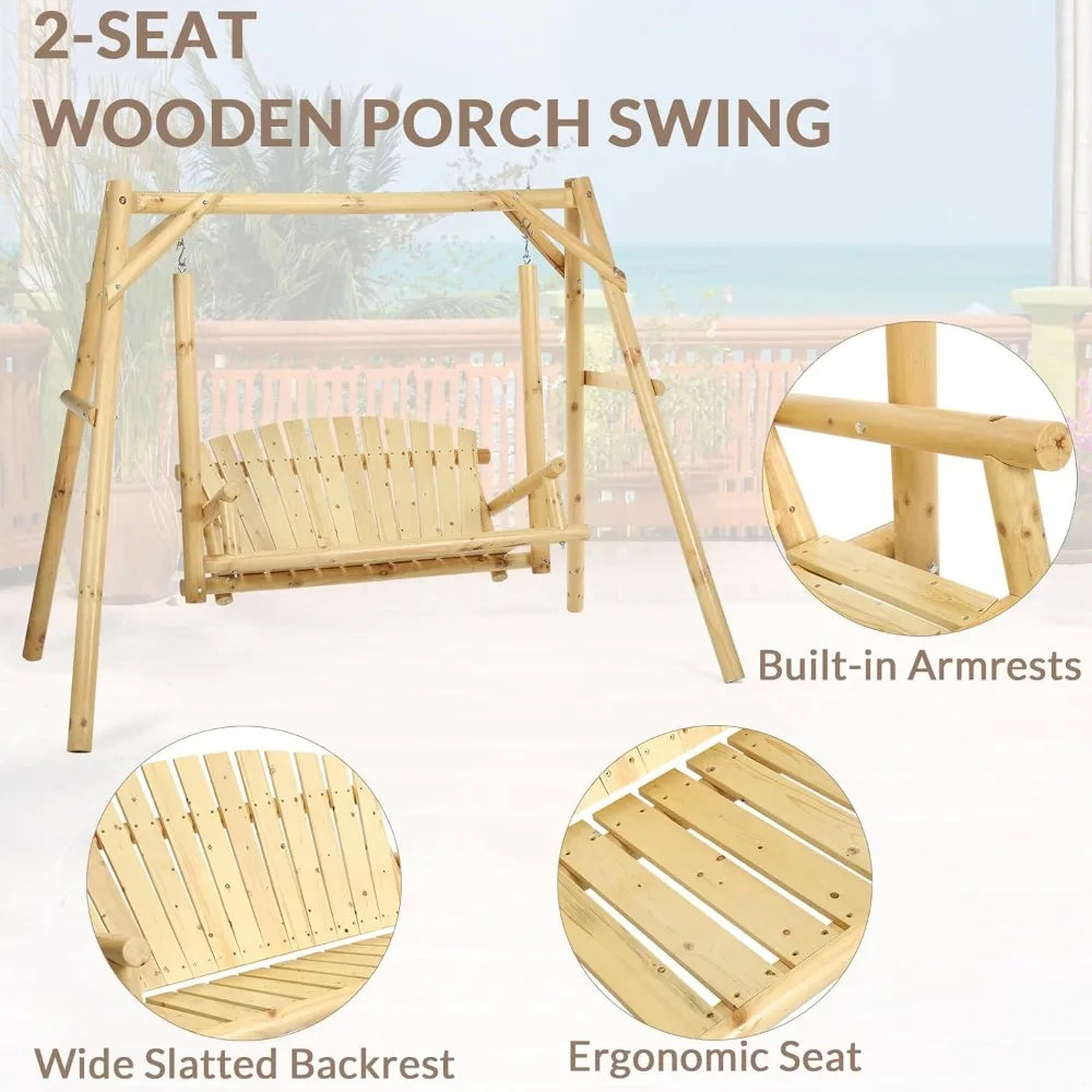 Wooden Porch Swing With Stand Rustic Hardwood Bench Natural Finish