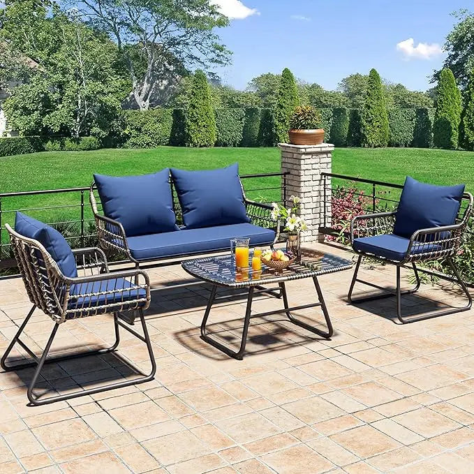 4 Piece Patio Furniture Wicker Outdoor Bistro Set All Weather Rattan Conversation Loveseat Chairs For Backyard Balcony