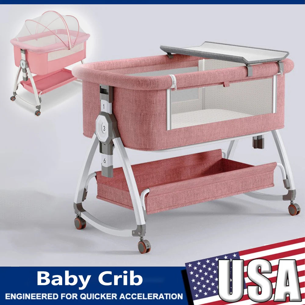 90x55cm Baby Crib Portable Splicing Cradle Bed With Wheels,Mosquito Net Foldable Height Adjustable Movable Bedside Swing Beds