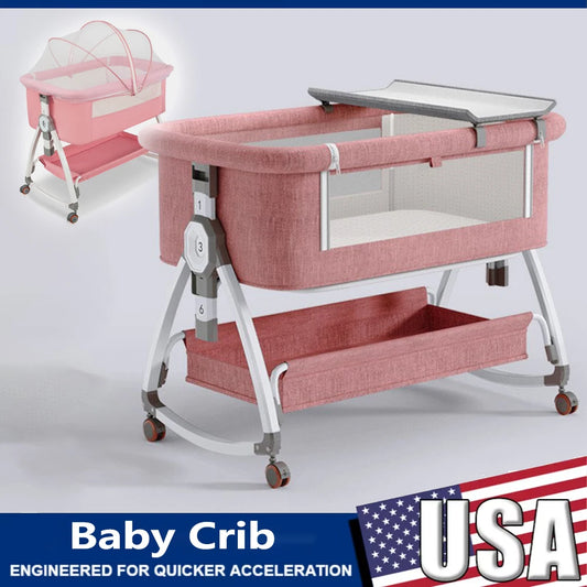 90x55cm Baby Crib Portable Splicing Cradle Bed With Wheels,Mosquito Net Foldable Height Adjustable Movable Bedside Swing Beds