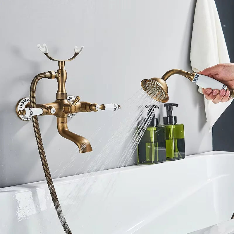 Rozin Antique Brass Bathtub Shower Faucet Set With Dual Handshower