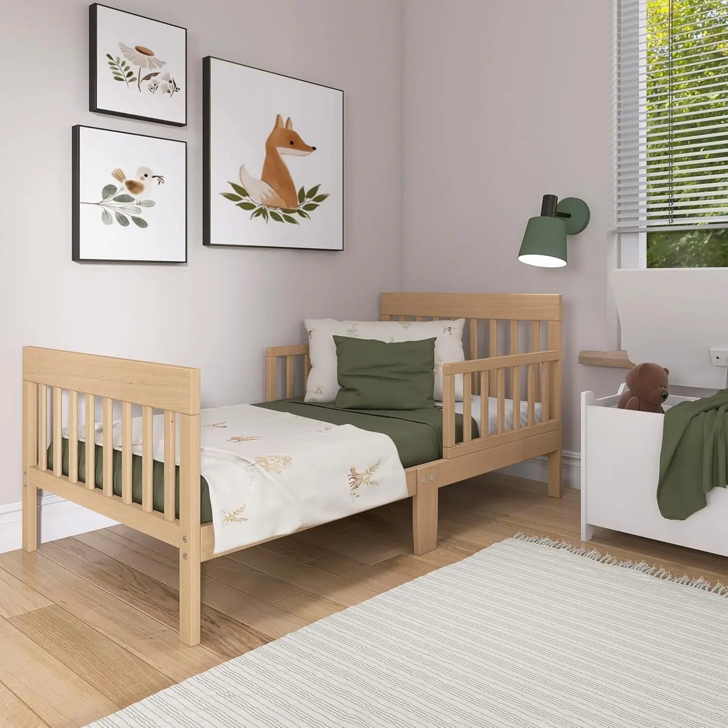 Vintage White Oak Toddler Bed with Safety Rails, Low-to-Floor Design, Greenguard Gold Certified, Non-Toxic Finish