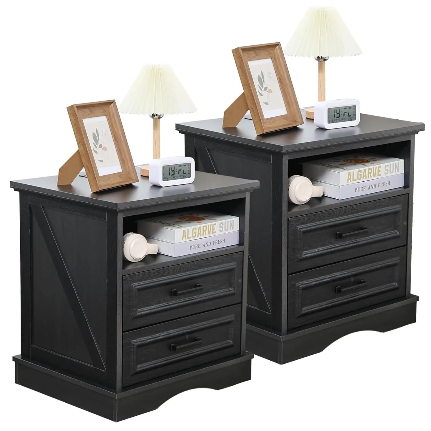 Farmhouse Night Stands Set of 2, Wood Nightstand with Charging Station, 22" Wide End Table with 3 Drawers, White, Customized