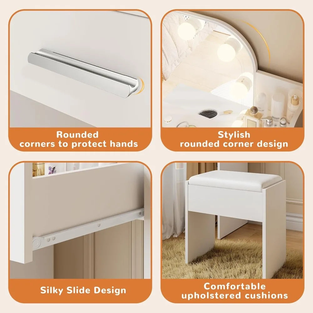 Compact Makeup Vanity Desk With Mirror Lights And Stool