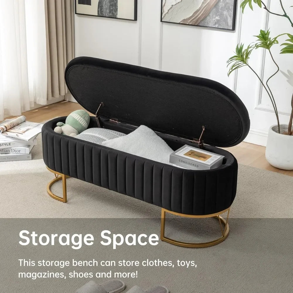 HUANZHUANG Velvet Oval Upholstered Storage Bench With Gold Legs
