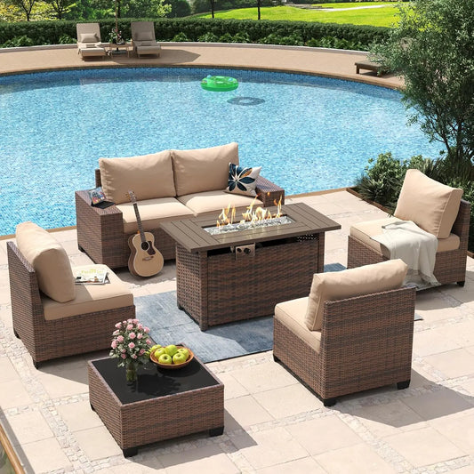 All Weather Outdoor Wicker Patio Set With Fire Pit Table