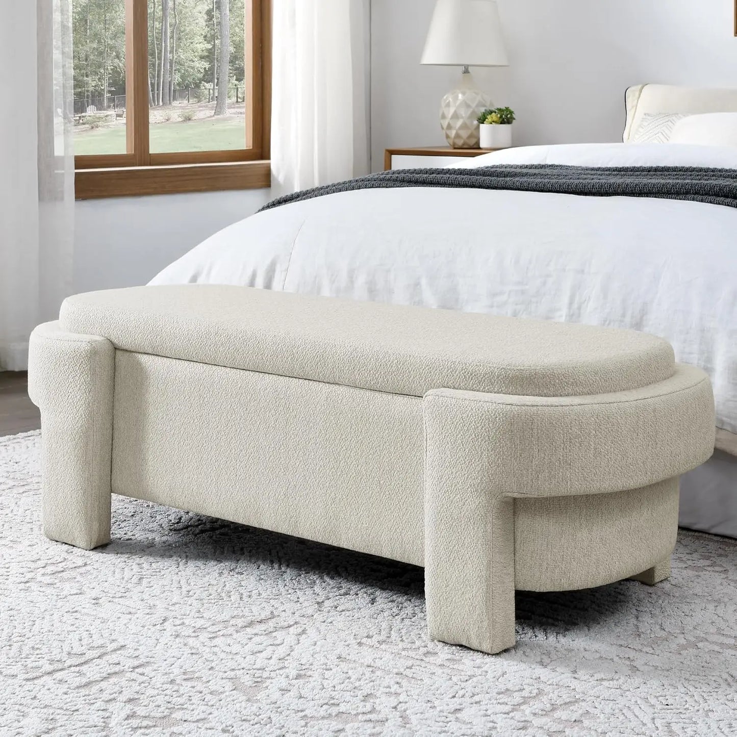 Oval Linen Upholstered End Of Bed Storage Bench With Large Storage Space