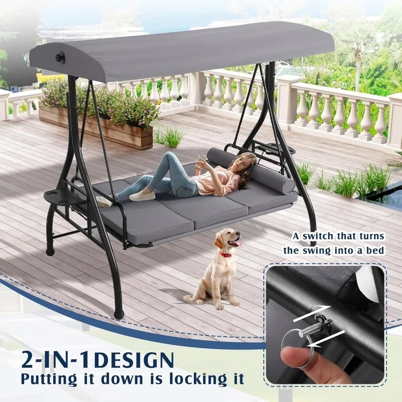 Abo 3-Seat Outdoor Porch Swing With Canopy Cup Holder