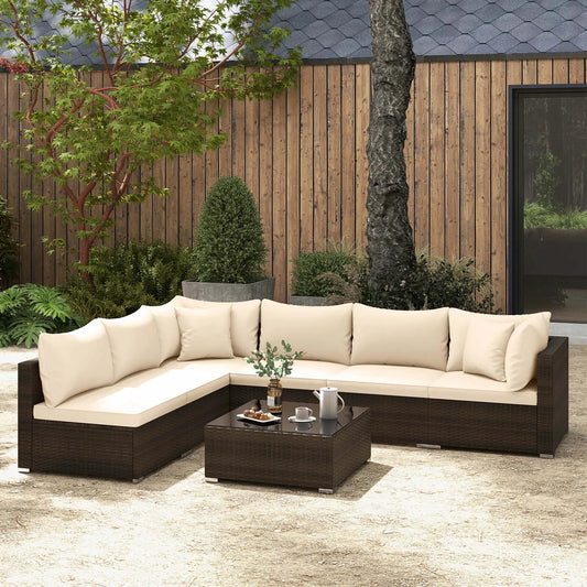 7 Piece Patio Rattan Furniture Set With Cushioned Sectional Sofa For Garden Brown