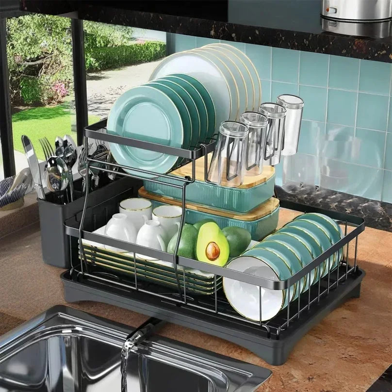 ATMDOG 2 Tier Dish Drying Rack Kitchen Countertop Space Saving Design Keeps Dishes Air Drying Efficiently