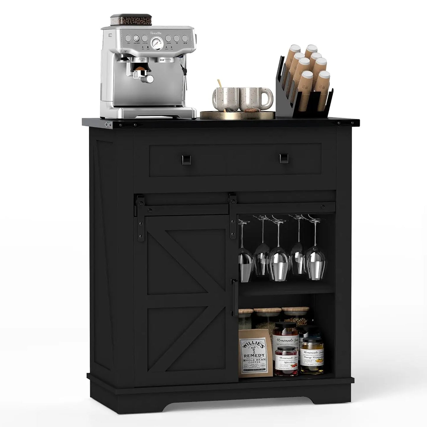 Farmhouse Coffee Bar Cabinet With Sliding Barn Door And Storage