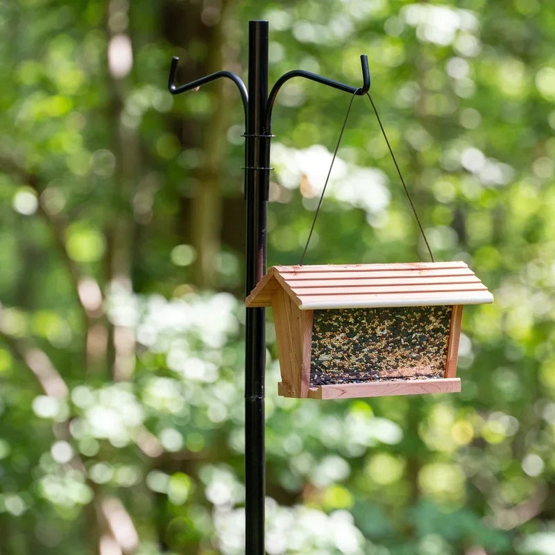 Red Cedar Hopper Bird Feeder 3lb Capacity Weatherproof Squirrel Proof Attracts Cardinals Chickadees Goldfinches Handcrafted