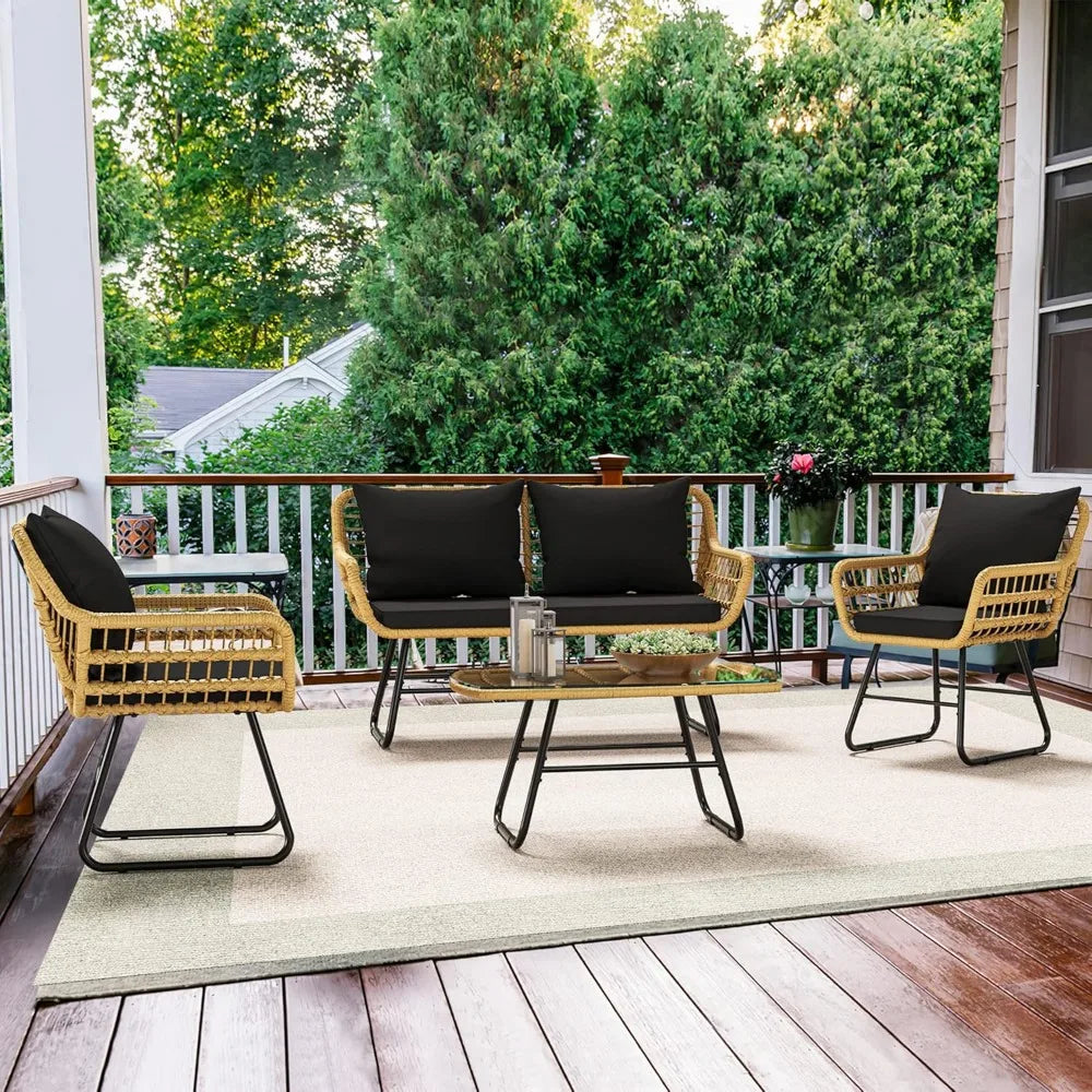 4 Piece Patio Furniture Wicker Outdoor Bistro Set All Weather Rattan Conversation Loveseat Chairs For Backyard Balcony