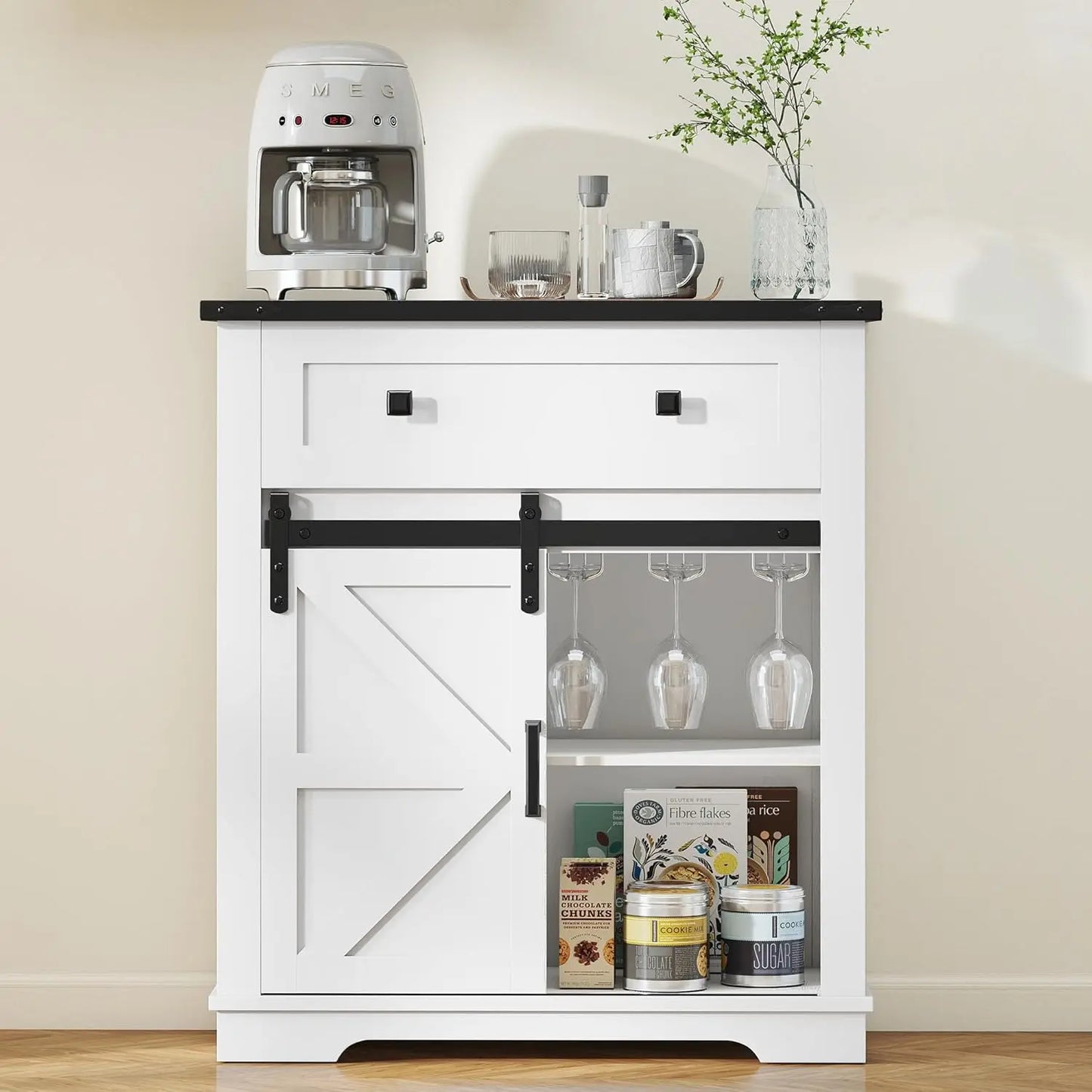 Farmhouse Coffee Bar Cabinet With Sliding Barn Door And Storage