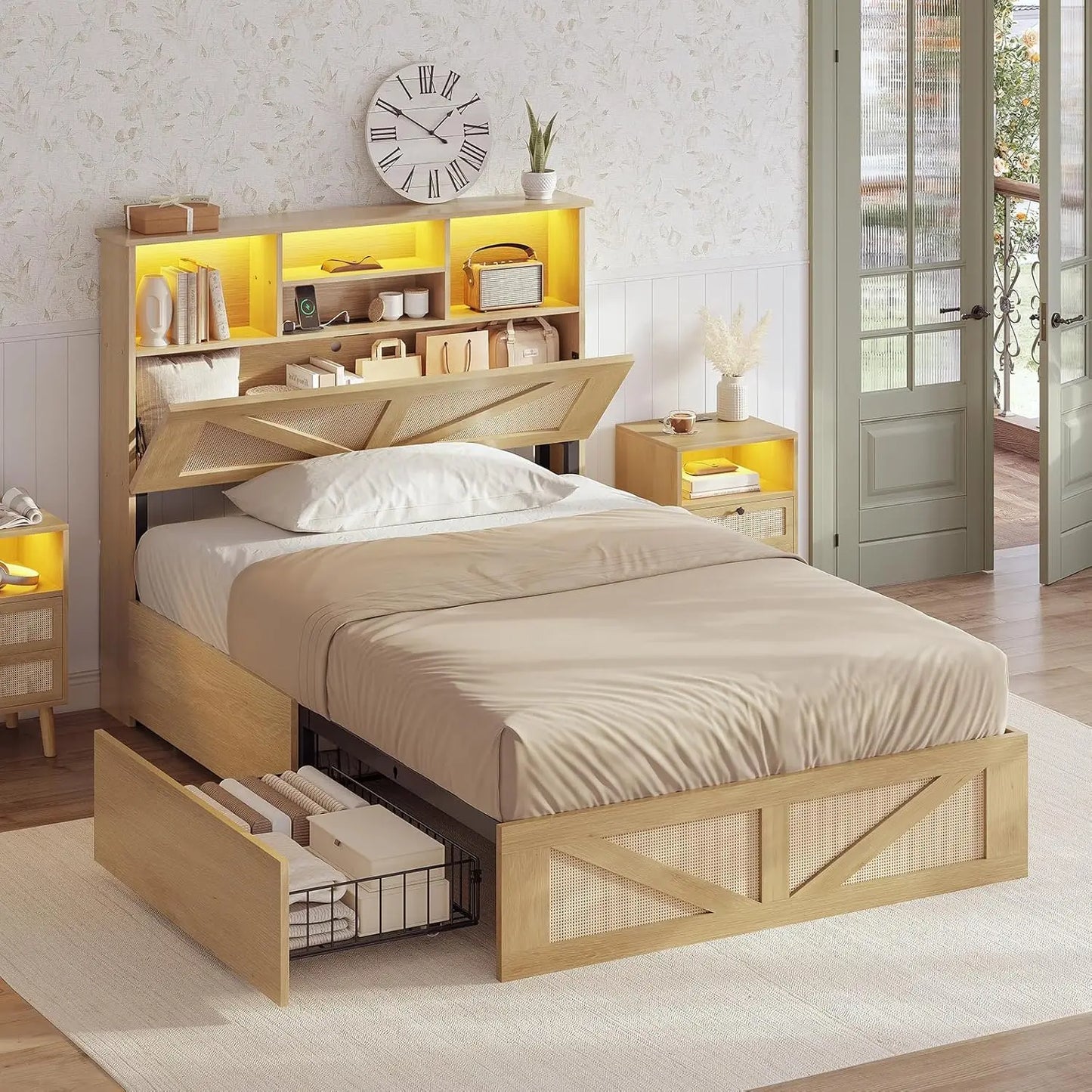 Farmhouse Style Twin Bed Frame with 4 Storage Drawers And Charging Station Wooden LED Twin Bed with Hidden Storage，Customized