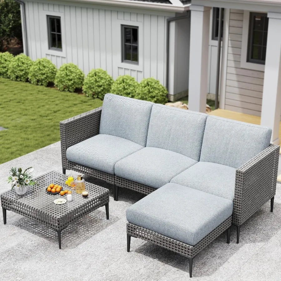 5 Piece Outdoor Patio Conversation Set Rattan L Shaped Corner Sofa With Thick Cushions Weatherproof For Garden Balcony