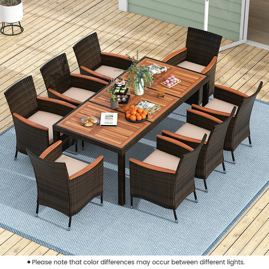 9-Piece Patio Dining Set With Wicker Chairs, Acacia Wood Table Top, Umbrella Hole And Cushions