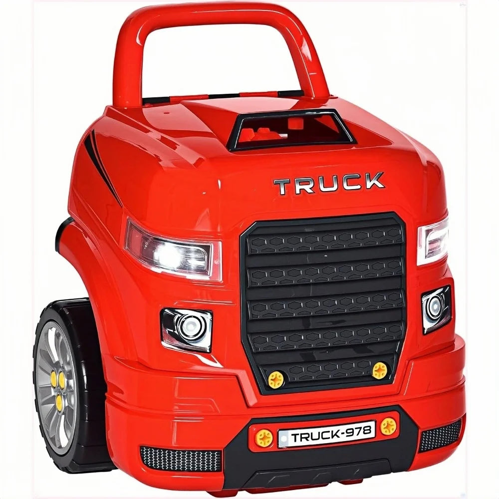 Truck Engine Toy,  Pretend Car Service Station Play with 61-Piece Included, Kids Mechanic Set with Lights,Toy Kids Aged 3+, Red