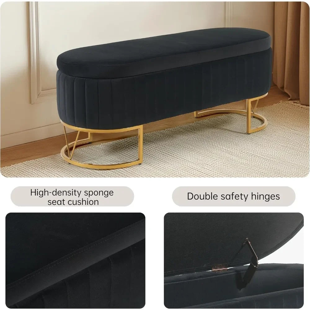 HUANZHUANG Velvet Oval Upholstered Storage Bench With Gold Legs