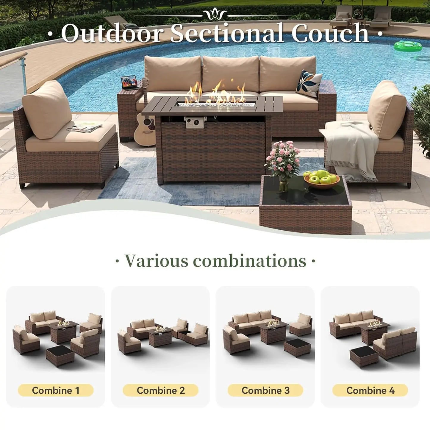 All Weather Outdoor Wicker Patio Set With Fire Pit Table
