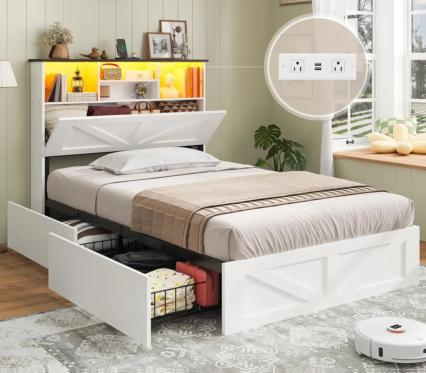 Farmhouse Style Twin Bed Frame with 4 Storage Drawers And Charging Station Wooden LED Twin Bed with Hidden Storage，Customized