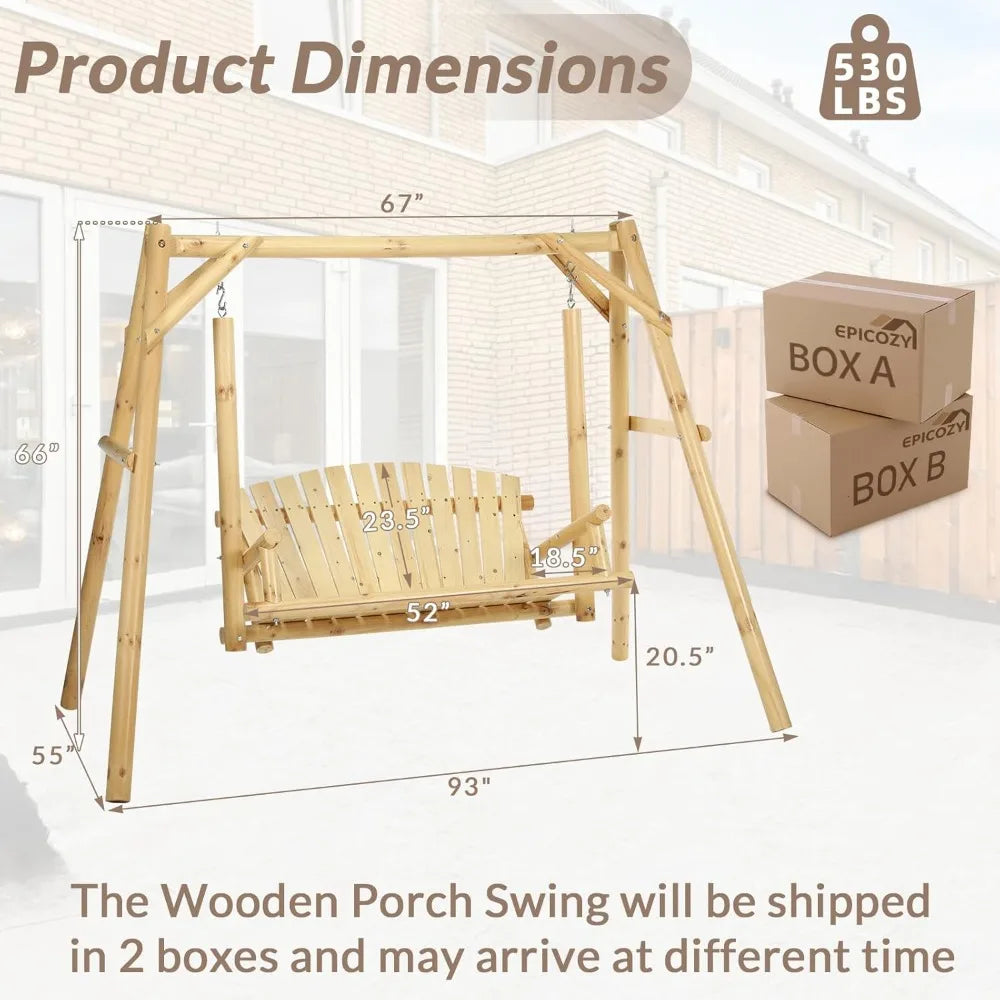 Wooden Porch Swing With Stand Rustic Hardwood Bench Natural Finish